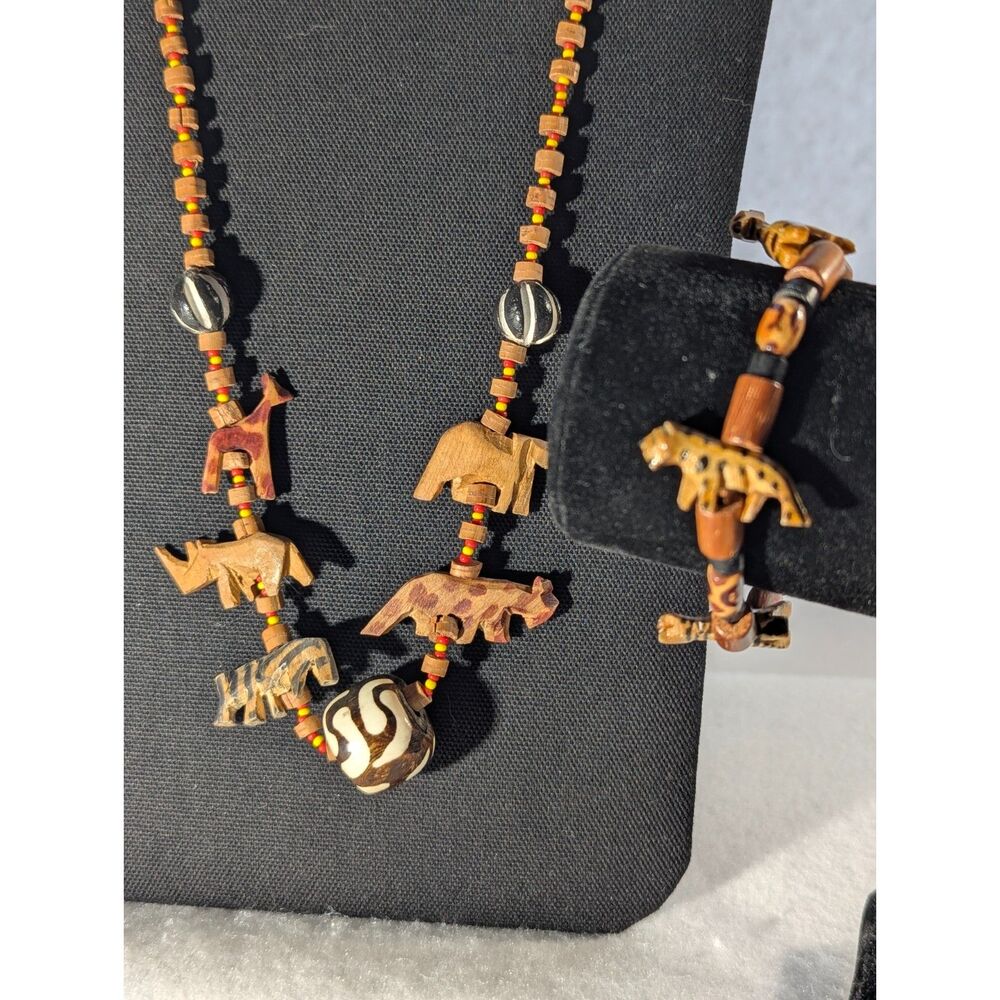 Wood Carved Tribal Safari Necklace and Bracelet